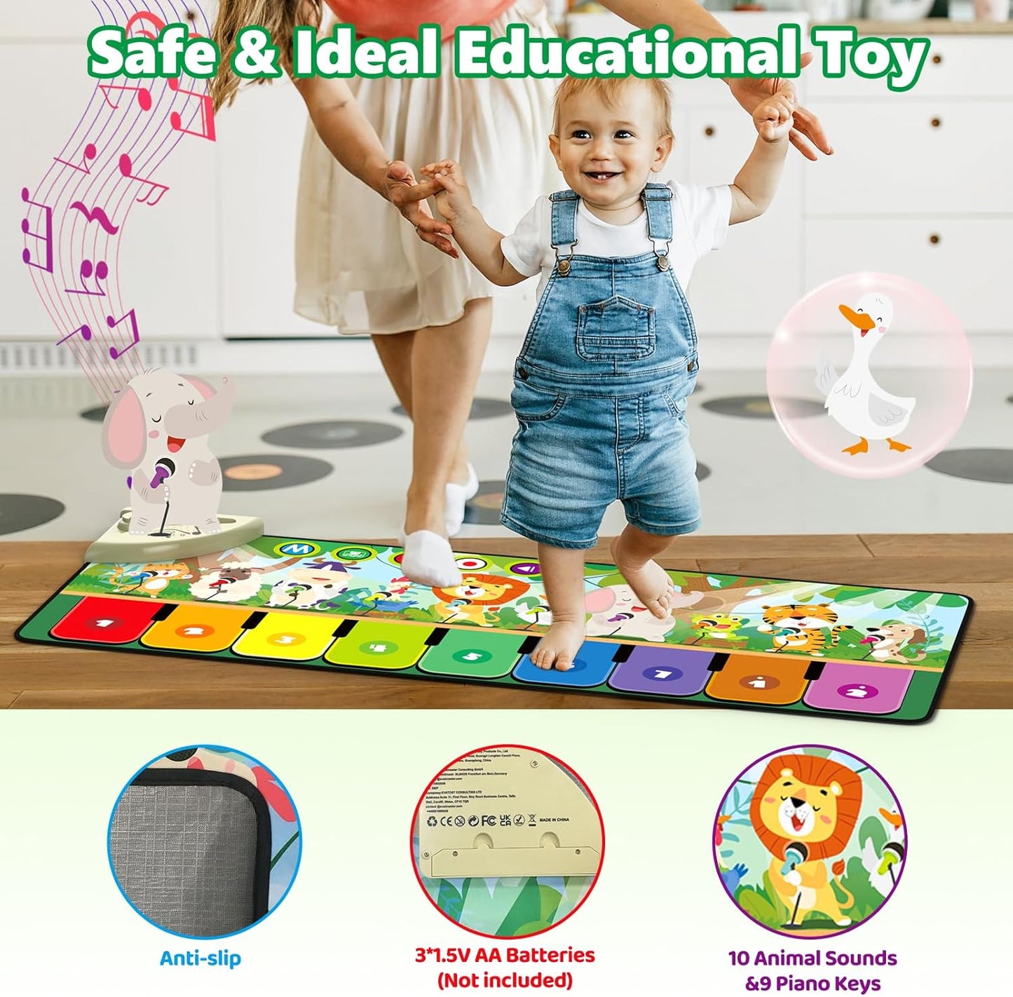 Rodzon Toys for 1-4 Year Old Boys Girls, Musical Play Mat with 9 Piano Keyboard, Piano Dance Mat Built in 19 Sounds & Recording Function for Toddlers Infant Kids Birthday Gifts Present Early Education